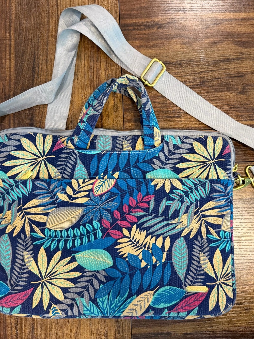 Adjustable Shoulder Navy Tropical Leaf Laptop Bag with Grey Strap
